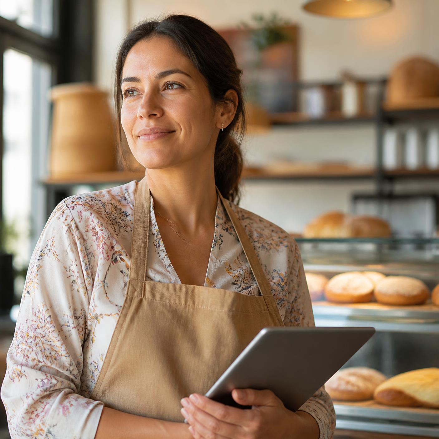 Business owner reviewing paperwork in her shop
